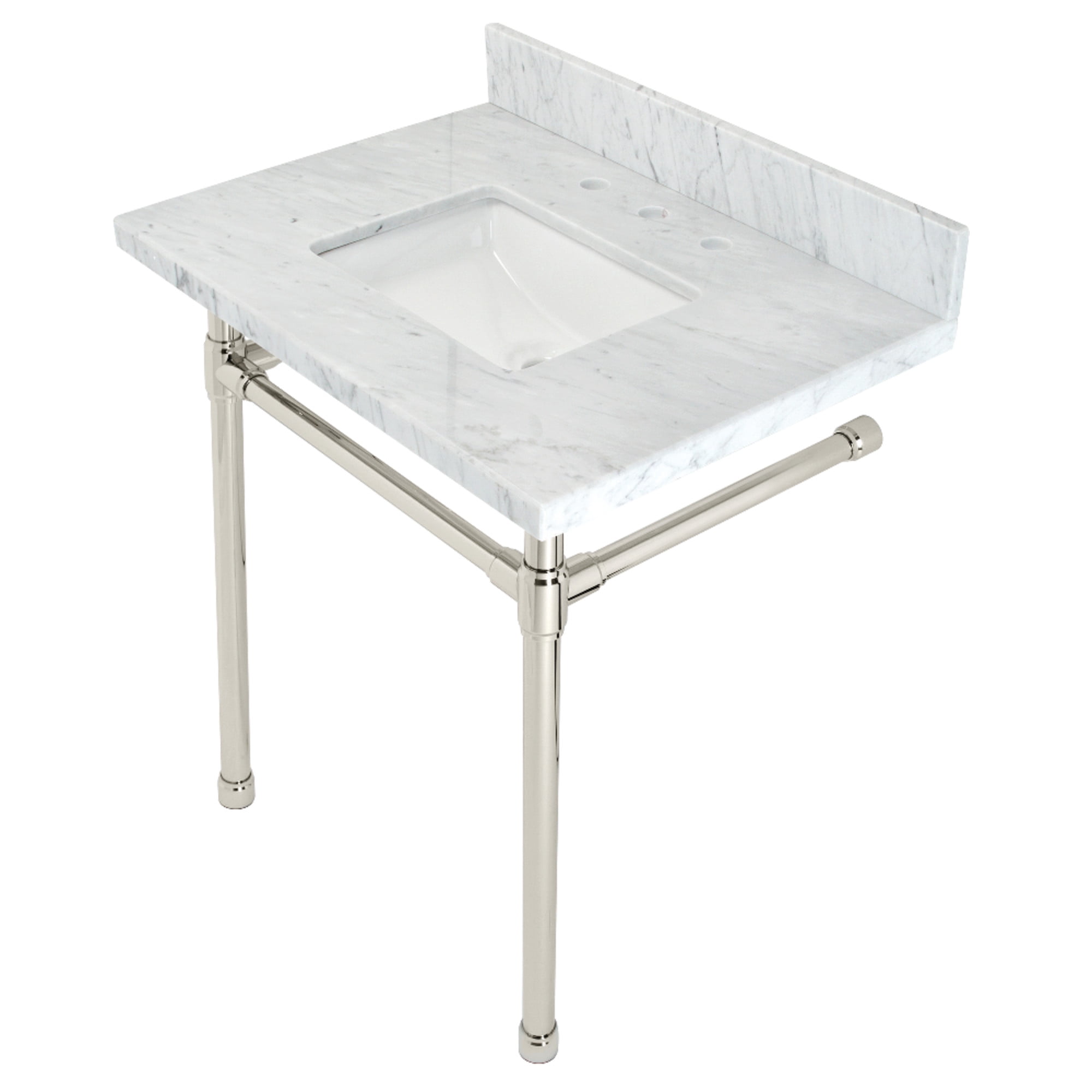 Kingston Brass Dreyfuss 30 inch Carrara Marble Vanity Top with Polished Nickel Legs, 8 Inch 3-Hole Sink