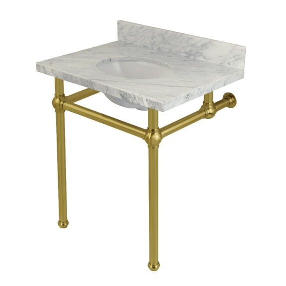 Kingston Brass KVPB30MB7 Templeton 30" Carrara Marble Vanity Top with Brass Legs (8-Inch, 3-Hole), Carrara Marble White/Brushed Brass