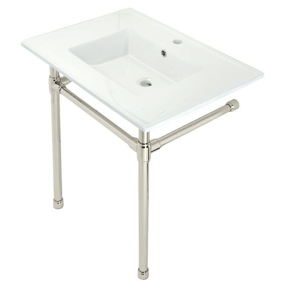 Kingston Brass KVPB3122716 Dreyfuss 31" Ceramic Console Sink with Stainless Steel Legs (1-Hole), White/Polished Nickel
