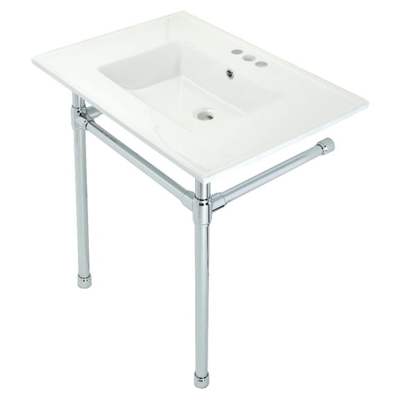 Kingston Brass KVPB31227W41 Dreyfuss 31" Ceramic Console Sink with Stainless Steel Legs (4-Inch, 3-Hole), White/Polished Chrome
