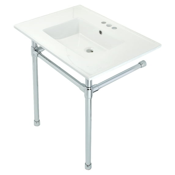 Kingston Brass KVPB31227W41 Dreyfuss 31" Ceramic Console Sink with Stainless Steel Legs (4-Inch, 3-Hole), White/Polished Chrome