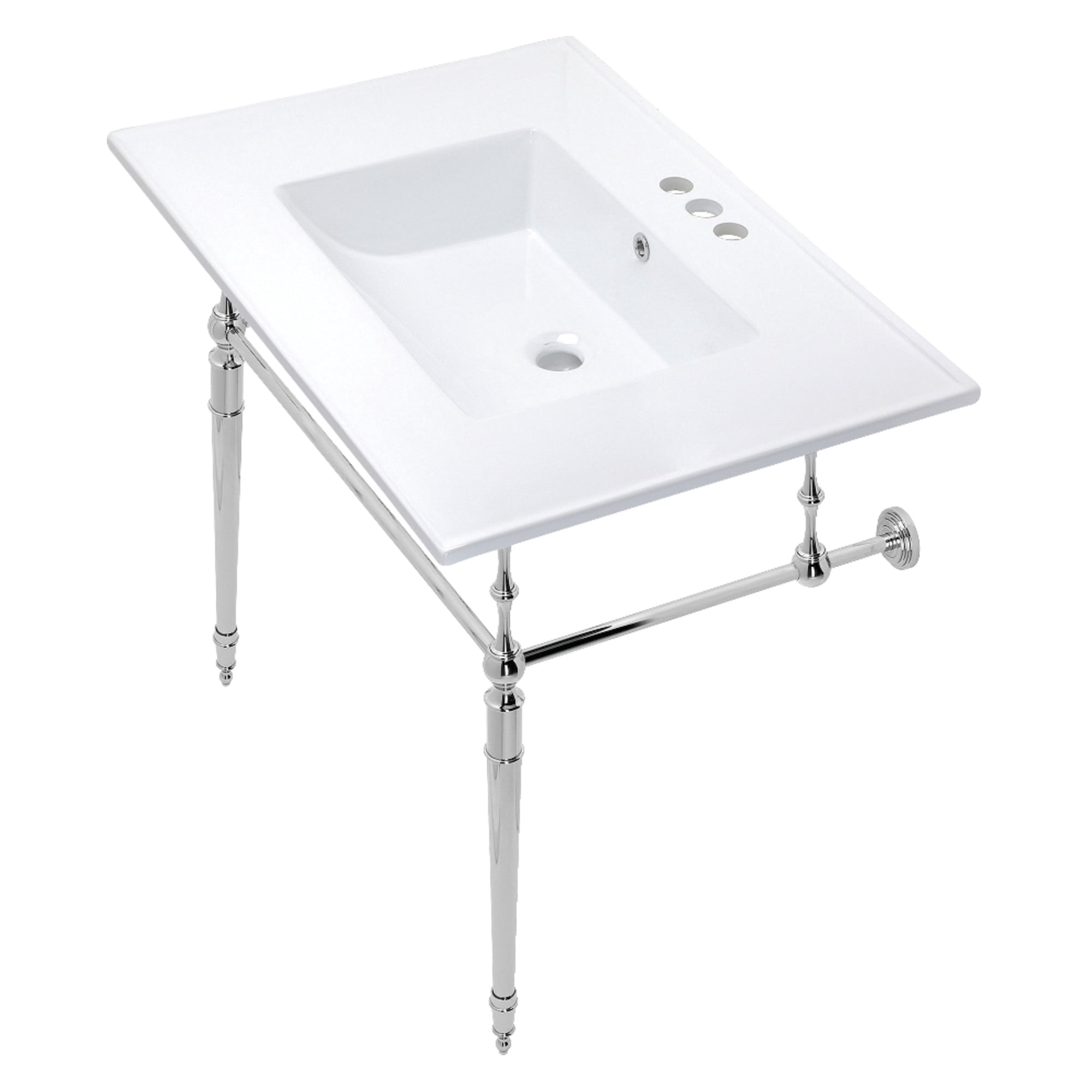 Kingston Brass KVPB31227W4CP Edwardian 31" Ceramic Console Sink with Brass Legs (4-Inch, 3-Hole), White/Polished Chrome