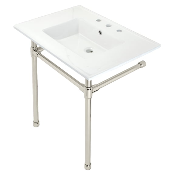 Kingston Brass KVPB31227W86 Dreyfuss 31" Ceramic Console Sink with Stainless Steel Legs (8-Inch, 3-Hole), White/Polished Nickel