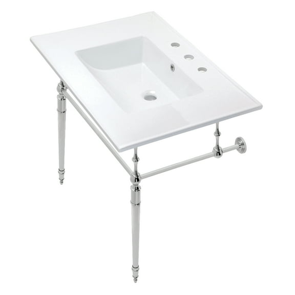 Kingston Brass KVPB31227W8CP Edwardian 31" Ceramic Console Sink with Brass Legs (8-Inch, 3-Hole), White/Polished Chrome