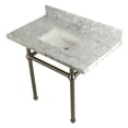 thumbnail image 1 of Kingston Brass KVPB3630MBSQ8 Templeton 36" Carrara Marble Vanity Top with Brass Legs (8-Inch, 3-Hole), Carrara Marble White/Brushed Nickel, 1 of 7