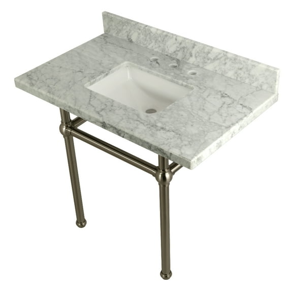 Kingston Brass KVPB3630MBSQ8 Templeton 36" Carrara Marble Vanity Top with Brass Legs (8-Inch, 3-Hole), Carrara Marble White/Brushed Nickel