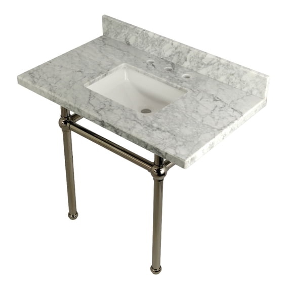 Kingston Brass KVPB3630MBSQ6 Templeton 36" Carrara Marble Vanity Top with Brass Legs (8-Inch, 3-Hole), Carrara Marble White/Polished Nickel
