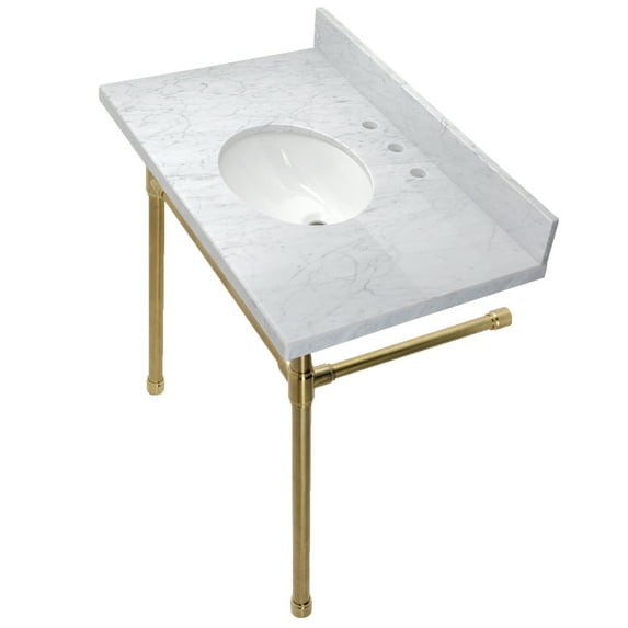 Kingston Brass KVPB36M87ST Dreyfuss 36" Carrara Marble Vanity Top with Stainless Steel Legs (8-Inch, 3-Hole), Carrara Marble White/Brushed Brass