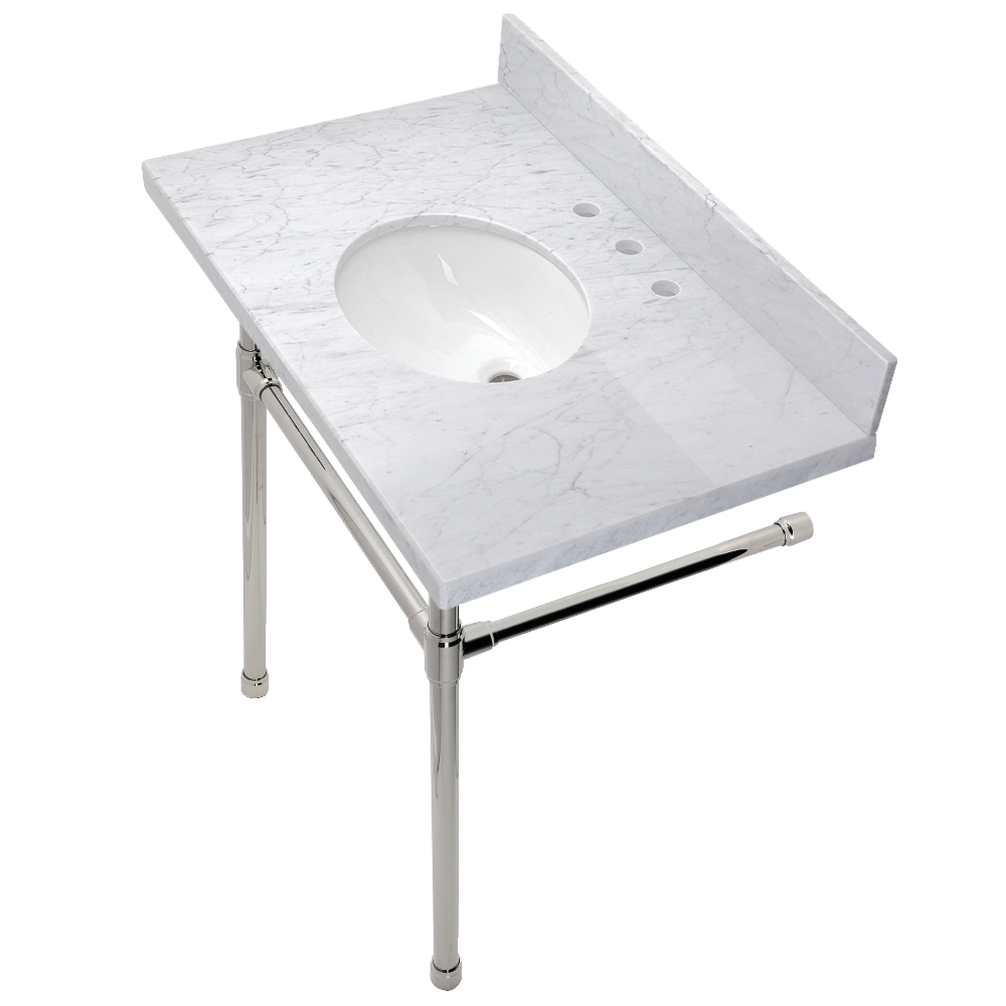 Kingston Brass KVPB36M86ST Dreyfuss 36" Carrara Marble Vanity Top with Stainless Steel Legs (8-Inch, 3-Hole), Carrara Marble White/Polished Nickel
