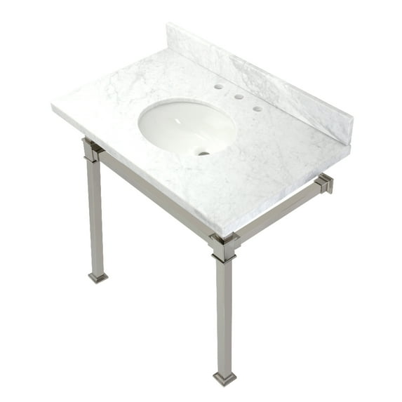 Kingston Brass KVPB36MOQ6 Monarch 36" Carrara Marble Console Sink with Stainless Steel Legs (8-Inch, 3-Hole), Carrara Marble White/Polished Nickel