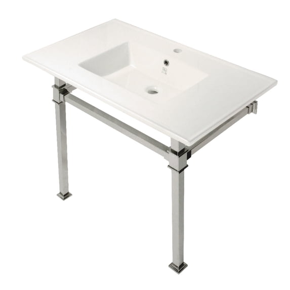 Kingston Brass KVPB37221Q6 Monarch 37" Ceramic Console Sink with Stainless Steel Legs (1-Hole), White/Polished Nickel