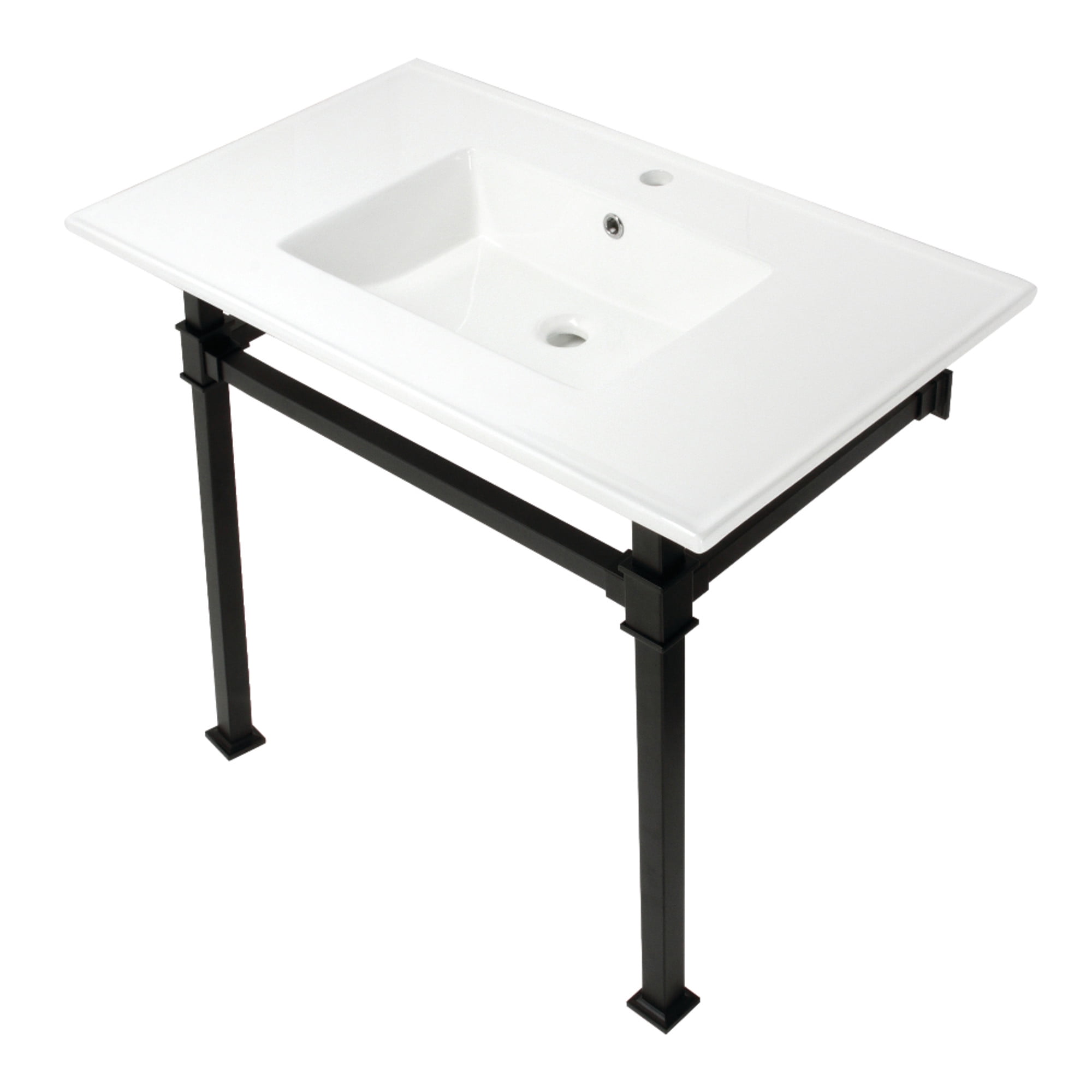 Kingston Brass KVPB37221Q0 Monarch 37" Ceramic Console Sink with Stainless Steel Legs (1-Hole), White/Matte Black