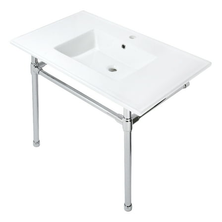 Kingston Brass KVPB3722711 Dreyfuss 37" Ceramic Console Sink with Stainless Steel Legs (1-Hole), White/Polished Chrome