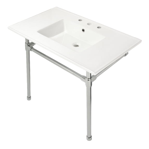 Kingston Brass KVPB37227W86 Dreyfuss 37" Ceramic Console Sink with Stainless Steel Legs (8-Inch, 3-Hole), White/Polished Nickel