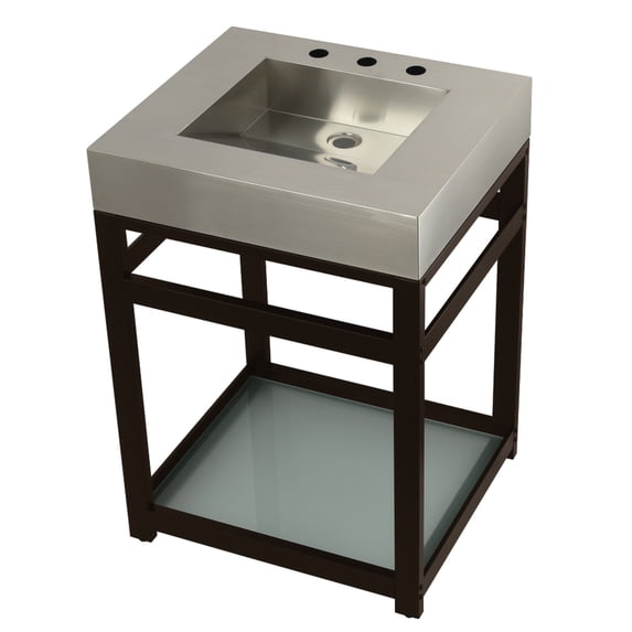 Kingston Brass KVSP2522B5 Kingston Commercial 25" Stainless Steel Console Sink with Steel Base and Glass Shelf (8-Inch, 3-Hole), Brushed/Oil Rubbed Bronze