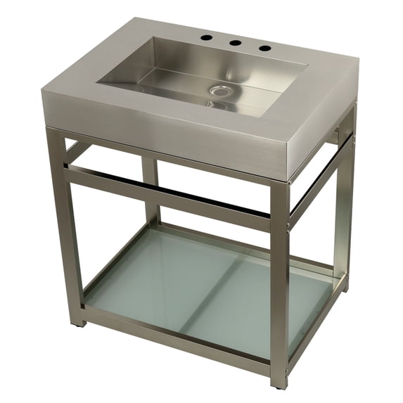 Kingston Brass KVSP3122B8 Kingston Commercial 31" Stainless Steel Console Sink with Steel Base and Glass Shelf (8-Inch, 3-Hole), Brushed/Brushed Nickel