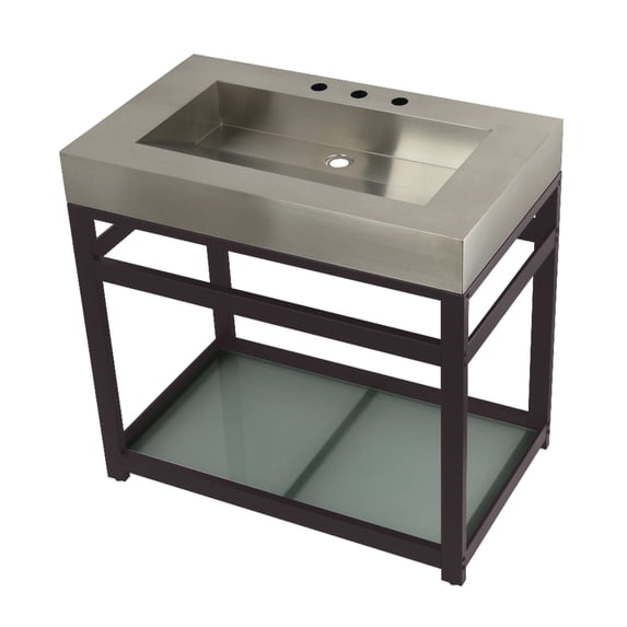 Kingston Brass KVSP3722B5 Kingston Commercial 37" Stainless Steel Console Sink with Steel Base and Glass Shelf (8-Inch, 3-Hole), Brushed/Oil Rubbed Bronze