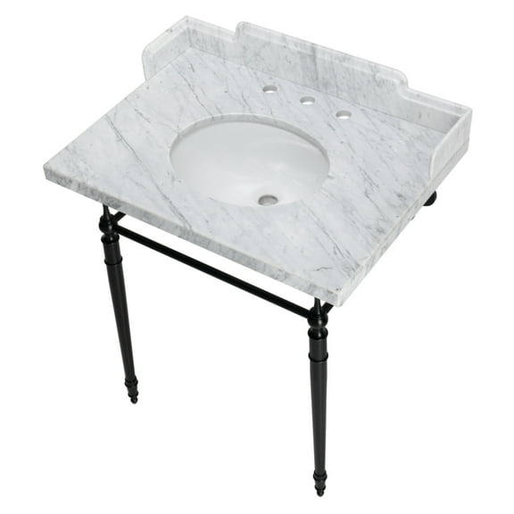 Kingston Brass LMS3022M80 Habsburg 30" Carrara Marble Console Sink with Brass Legs (8-Inch, 3-Hole), Carrara Marble White/Matte Black