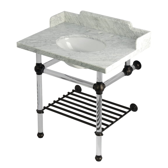 Kingston Brass LMS3030MAB5 Pemberton 30" Carrara Marble Console Sink with Acrylic Legs and Shelf (8-Inch, 3-Hole), Carrara Marble White/Oil Rubbed Bronze