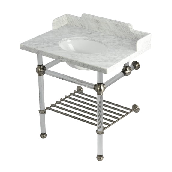 Kingston Brass LMS3030MAB8 Pemberton 30" Carrara Marble Console Sink with Acrylic Legs and Shelf (8-Inch, 3-Hole), Carrara Marble White/Brushed Nickel