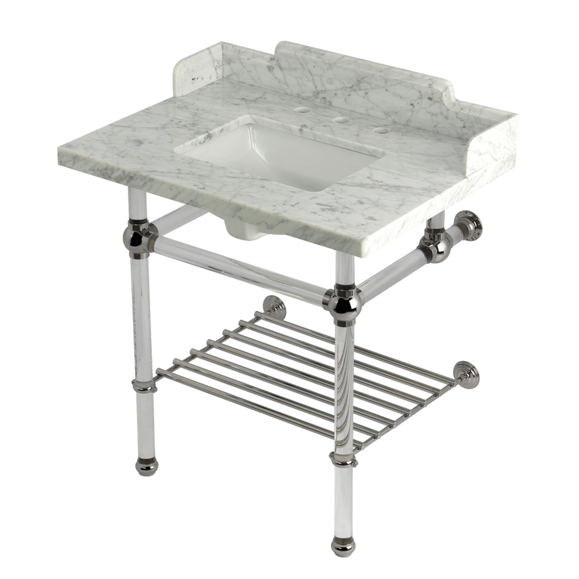Kingston Brass LMS3030MASQB6 Pemberton 30" Carrara Marble Console Sink with Acrylic Legs and Shelf (8-Inch, 3-Hole), Carrara Marble White/Polished Nickel