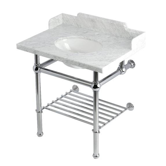 Kingston Brass LMS3030MBB1 Pemberton 30" Carrara Marble Console Sink with Brass Legs and Shelf (8-Inch, 3-Hole), Carrara Marble White/Polished Chrome