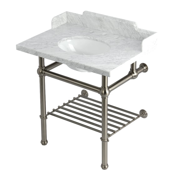 Kingston Brass LMS3030MBB8 Pemberton 30" Carrara Marble Console Sink with Brass Legs and Shelf (8-Inch, 3-Hole), Carrara Marble White/Brushed Nickel