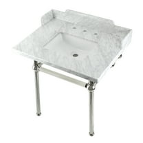 Kingston Brass LMS3030MBSQ6 Pemberton 30" Carrara Marble Console Sink with Brass Legs (8-Inch, 3-Hole), Carrara Marble White/Polished Nickel