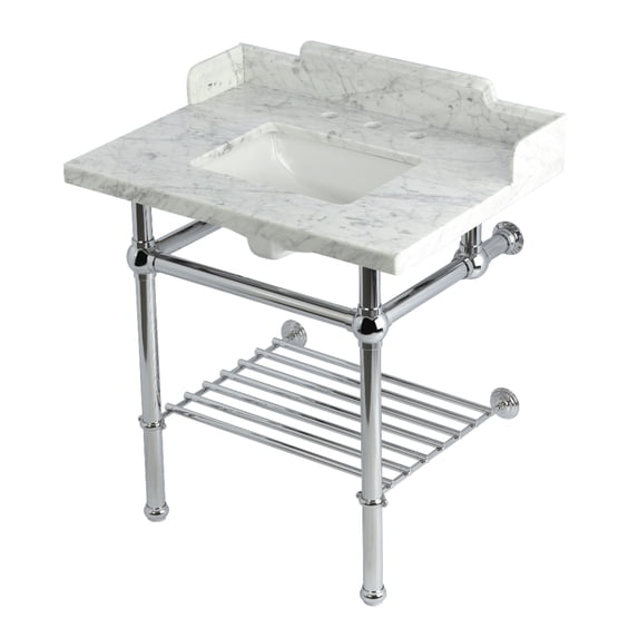 Kingston Brass LMS3030MBSQB1 Pemberton 30" Carrara Marble Console Sink with Brass Legs and Shelf (8-Inch, 3-Hole), Carrara Marble White/Polished Chrome