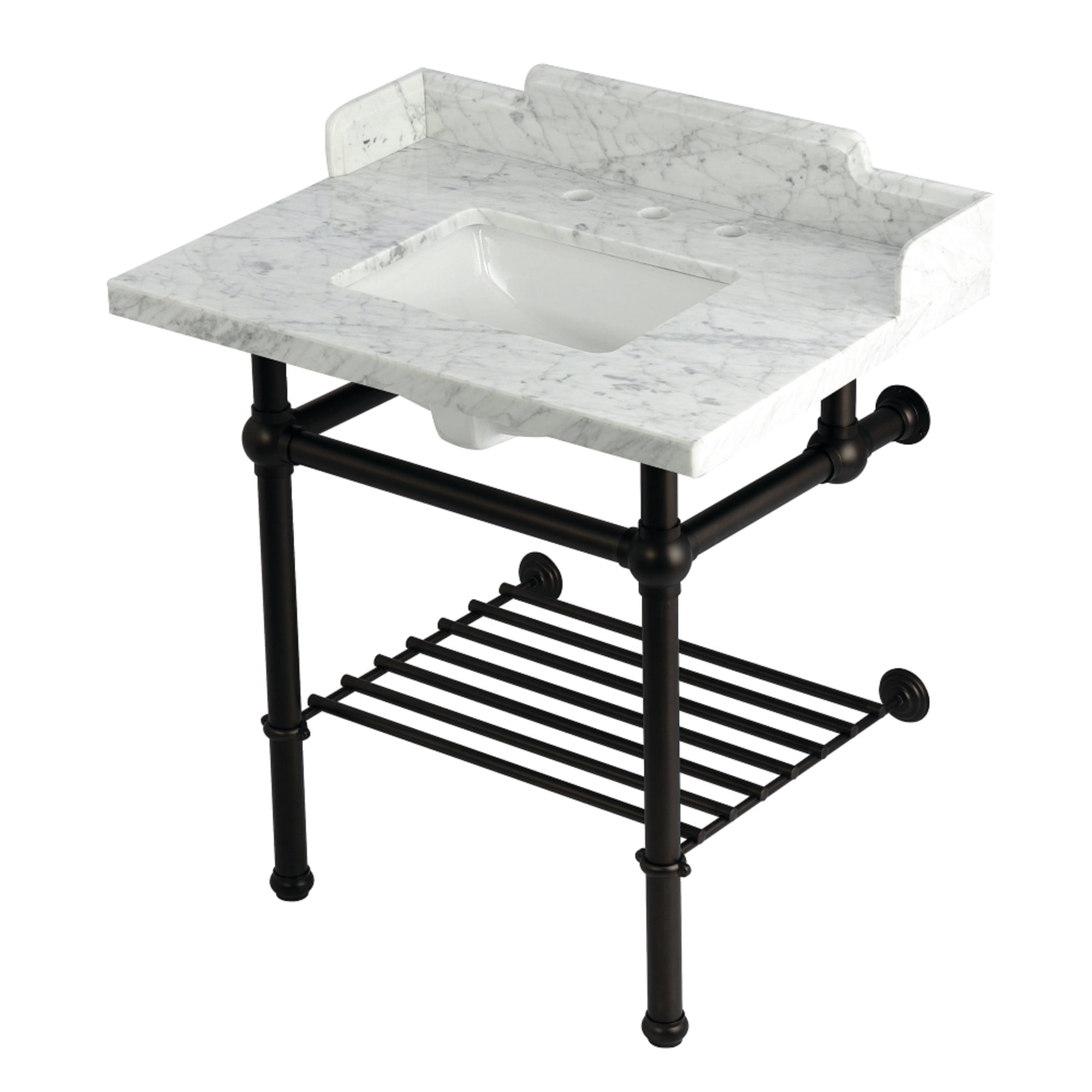 Kingston Brass LMS3030MBSQB5 Pemberton 30" Carrara Marble Console Sink with Brass Legs and Shelf (8-Inch, 3-Hole), Carrara Marble White/Oil Rubbed Bronze