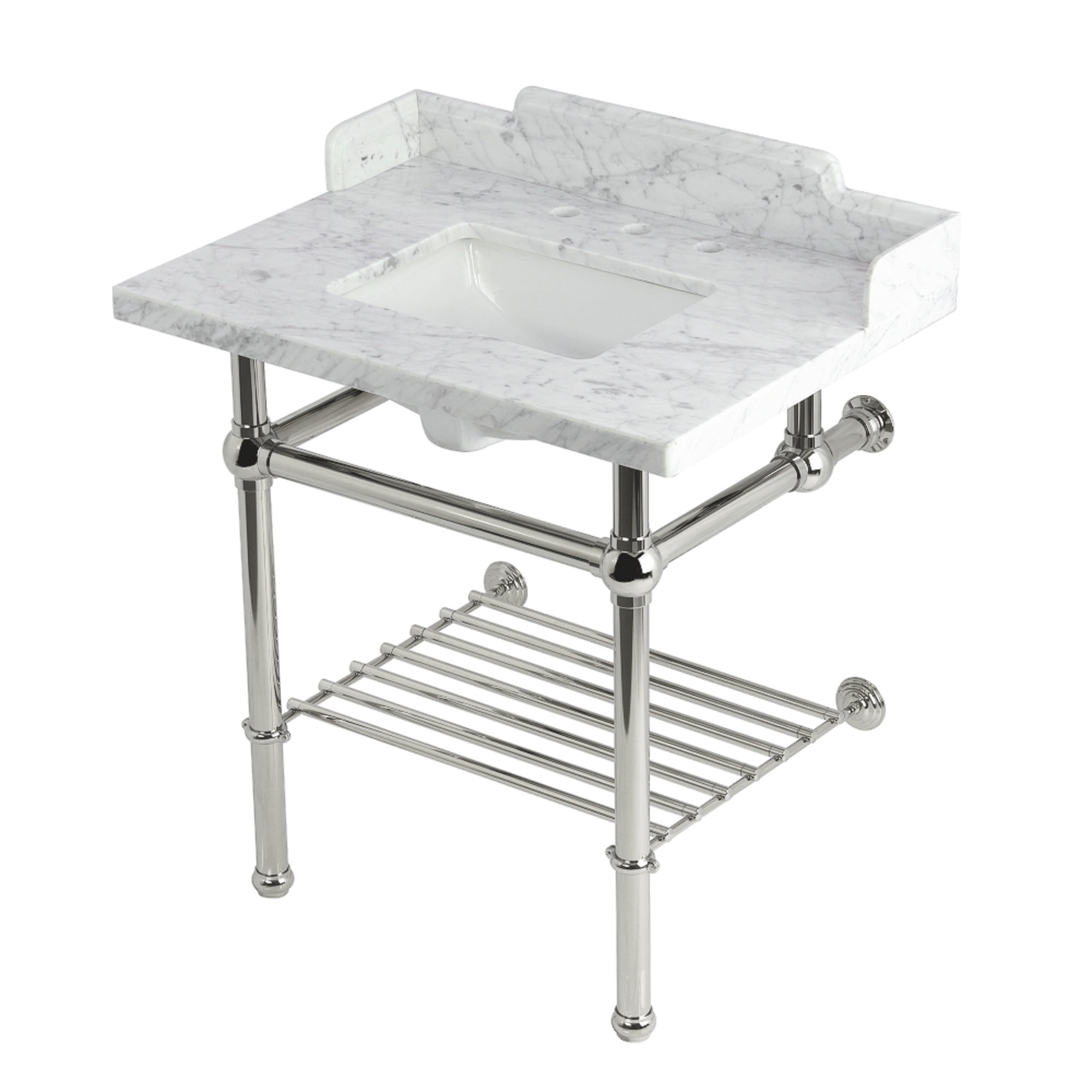 Kingston Brass LMS3030MBSQB6 Pemberton 30" Carrara Marble Console Sink with Brass Legs and Shelf (8-Inch, 3-Hole), Carrara Marble White/Polished Nickel
