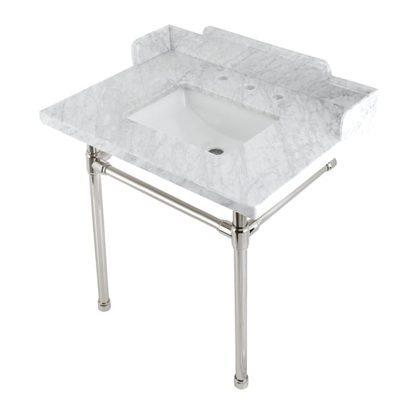 Kingston Brass LMS30M8SQ6ST Wesselman 30" Carrara Marble Console Sink with Stainless Steel Legs (8-Inch, 3-Hole), Carrara Marble White/Polished Nickel
