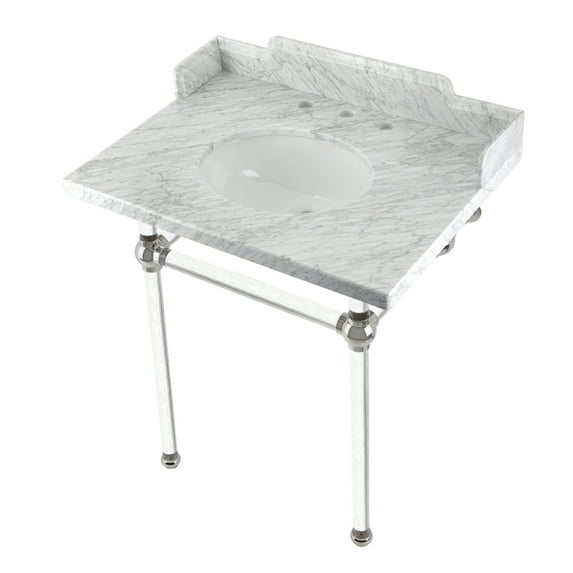 Kingston Brass LMS30MA6 Pemberton 30" Carrara Marble Console Sink with Acrylic Legs (8-Inch, 3-Hole), Carrara Marble White/Polished Nickel