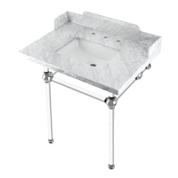 Kingston Brass LMS30MASQ1 Pemberton 30" Carrara Marble Console Sink with Acrylic Legs (8-Inch, 3-Hole), Carrara Marble White/Polished Chrome