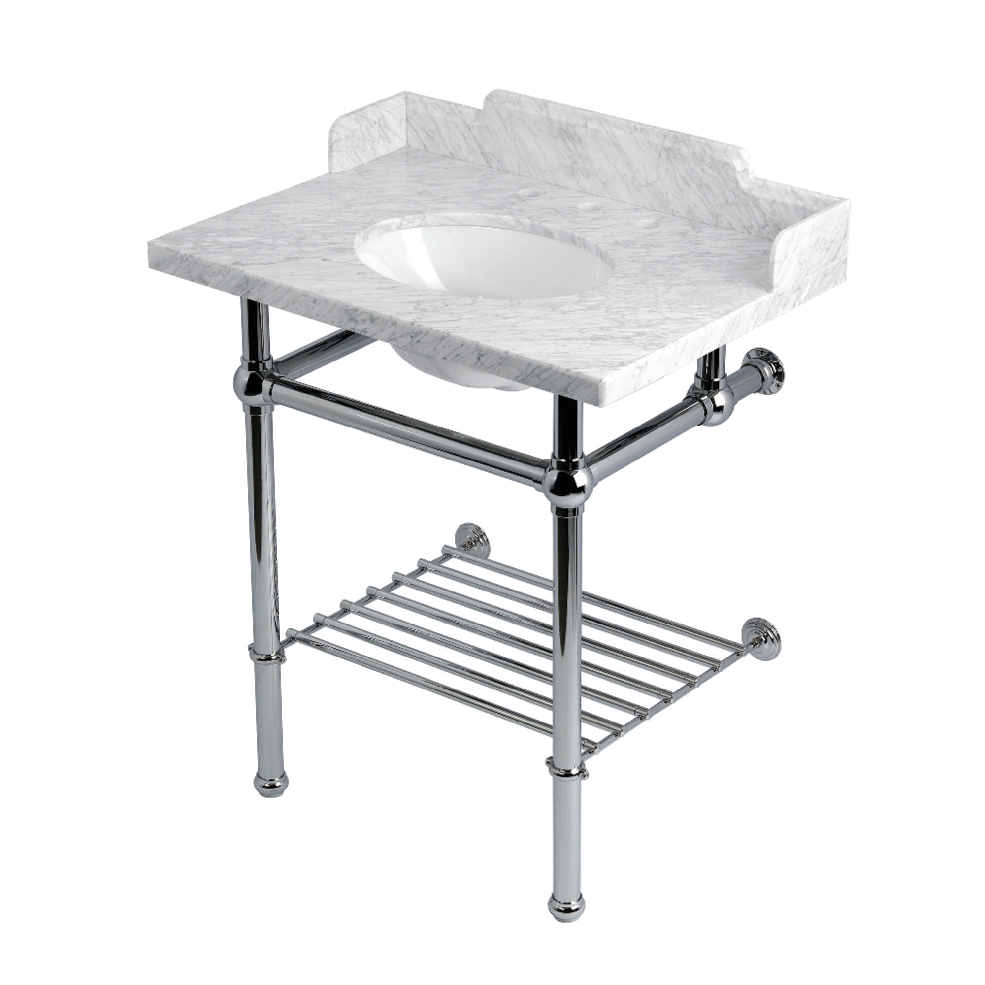 Kingston Brass LMS30MBB1 Pemberton 30" Carrara Marble Console Sink with Brass Legs and Shelf (8-Inch, 3-Hole), Carrara Marble White/Polished Chrome