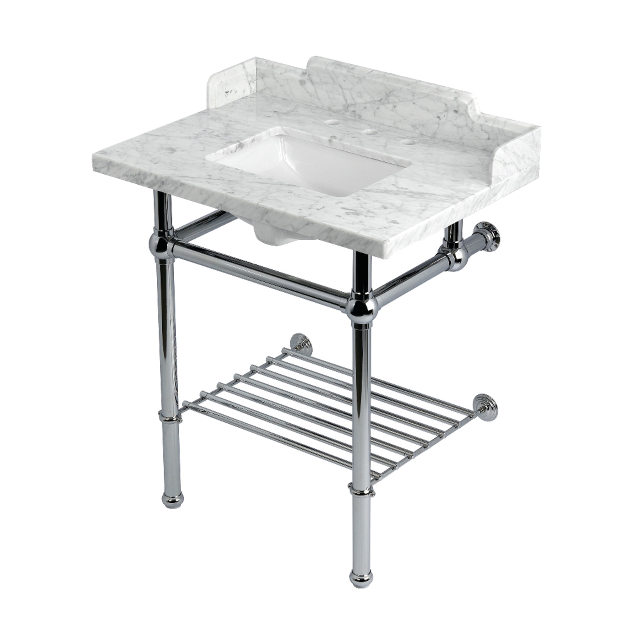 Kingston Brass LMS30MBSQB1 Pemberton 30" Carrara Marble Console Sink with Brass Legs and Shelf (8-Inch, 3-Hole), Carrara Marble White/Polished Chrome