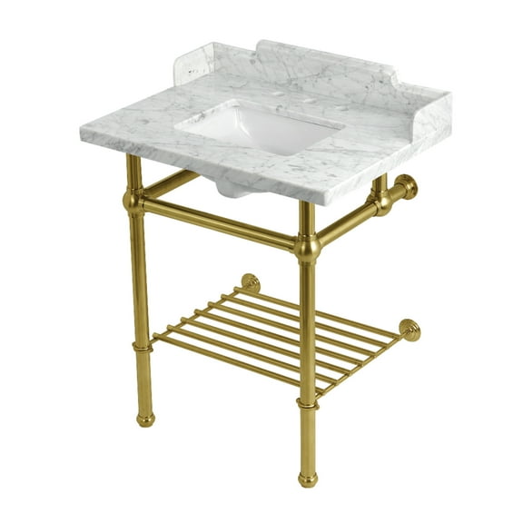 Kingston Brass LMS30MBSQB7 Pemberton 30" Carrara Marble Console Sink with Brass Legs and Shelf (8-Inch, 3-Hole), Carrara Marble White/Brushed Brass