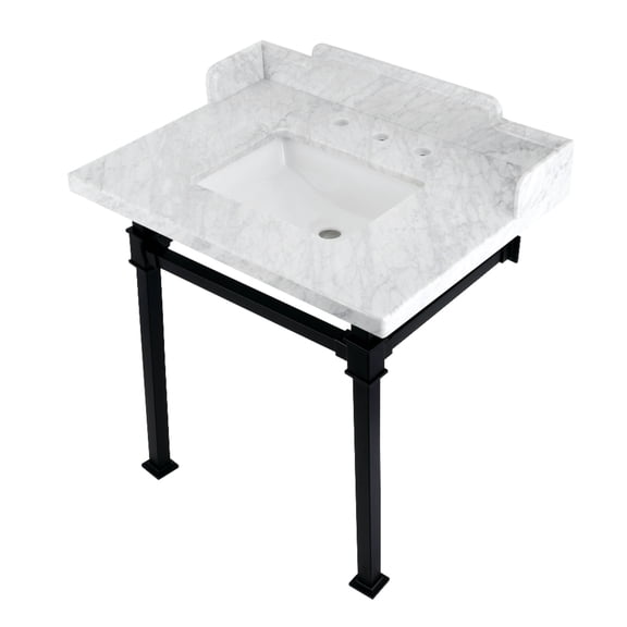 Kingston Brass LMS30MSQ0 Viceroy 30" Carrara Marble Console Sink with Stainless Steel Legs (8-Inch, 3-Hole), Carrara Marble White/Matte Black