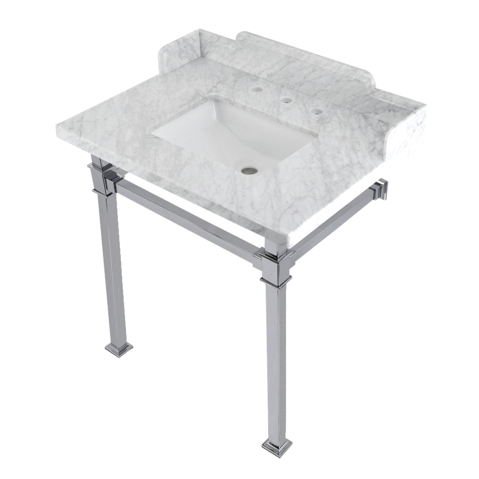 Kingston Brass LMS30MSQ1 Viceroy 30" Carrara Marble Console Sink with Stainless Steel Legs (8-Inch, 3-Hole), Carrara Marble White/Polished Chrome
