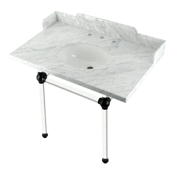 Kingston Brass LMS3630MA0 Pemberton 36" Carrara Marble Console Sink with Acrylic Legs (8-Inch, 3-Hole), Carrara Marble White/Matte Black