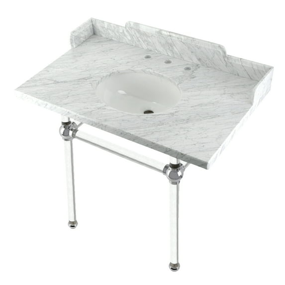 Kingston Brass LMS3630MA1 Pemberton 36" Carrara Marble Console Sink with Acrylic Legs (8-Inch, 3-Hole), Carrara Marble White/Polished Chrome