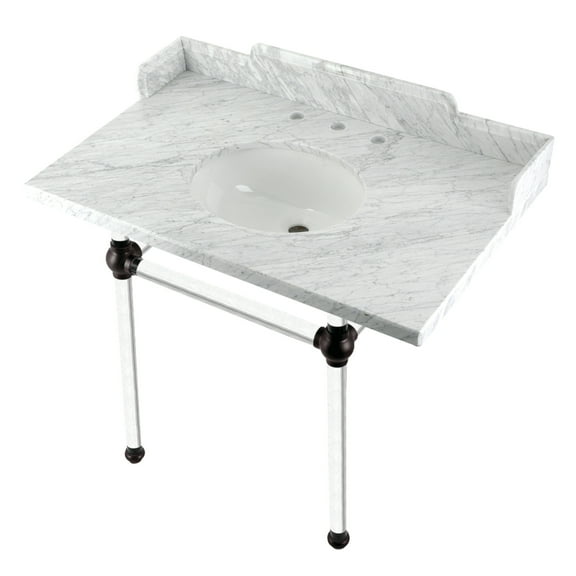Kingston Brass LMS3630MA5 Pemberton 36" Carrara Marble Console Sink with Acrylic Legs (8-Inch, 3-Hole), Carrara Marble White/Oil Rubbed Bronze