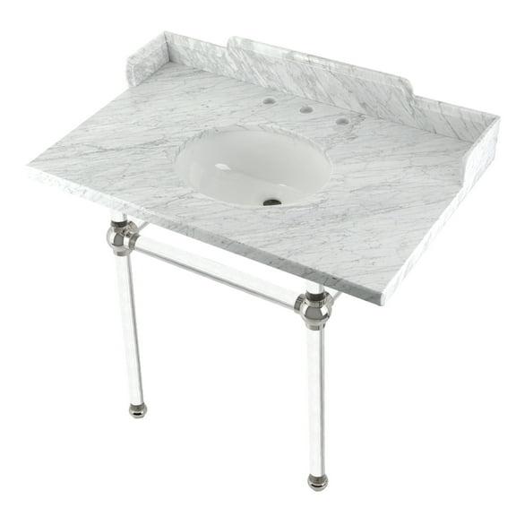 Kingston Brass LMS3630MA6 Pemberton 36" Carrara Marble Console Sink with Acrylic Legs (8-Inch, 3-Hole), Carrara Marble White/Polished Nickel