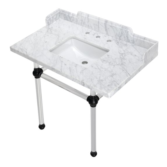 Kingston Brass LMS3630MASQ0 Pemberton 36" Carrara Marble Console Sink with Acrylic Legs (8-Inch, 3-Hole), Carrara Marble White/Matte Black