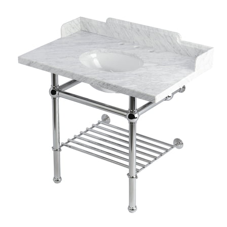 Kingston Brass LMS3630MBB1 Pemberton 36" Carrara Marble Console Sink with Brass Legs and Shelf (8-Inch, 3-Hole), Carrara Marble White/Polished Chrome