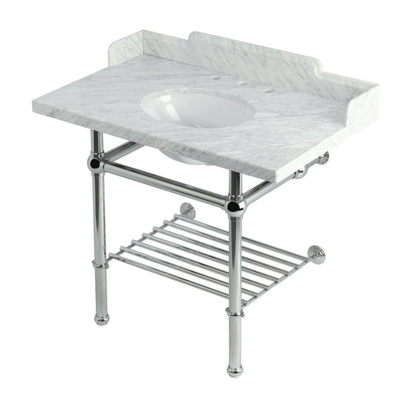 Kingston Brass LMS3630MBB1 Pemberton 36" Carrara Marble Console Sink with Brass Legs and Shelf (8-Inch, 3-Hole), Carrara Marble White/Polished Chrome