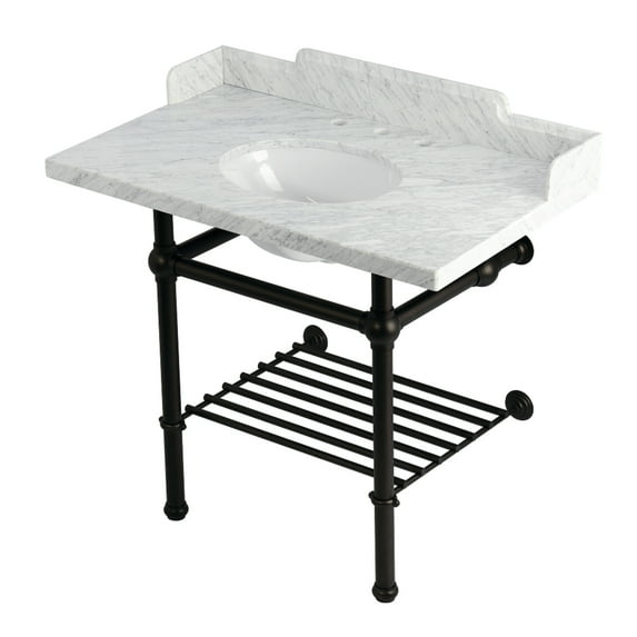 Kingston Brass LMS3630MBB5 Pemberton 36" Carrara Marble Console Sink with Brass Legs and Shelf (8-Inch, 3-Hole), Carrara Marble White/Oil Rubbed Bronze