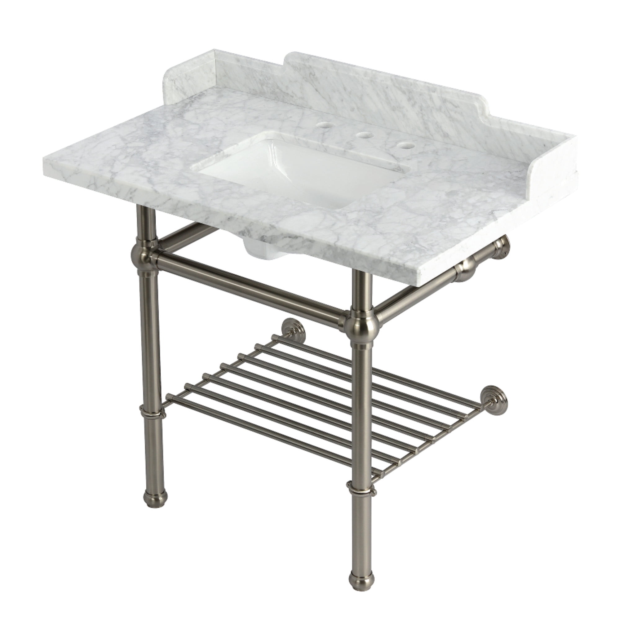 Kingston Brass LMS3630MBSQB8 Pemberton 36" Carrara Marble Console Sink with Brass Legs and Shelf (8-Inch, 3-Hole), Carrara Marble White/Brushed Nickel