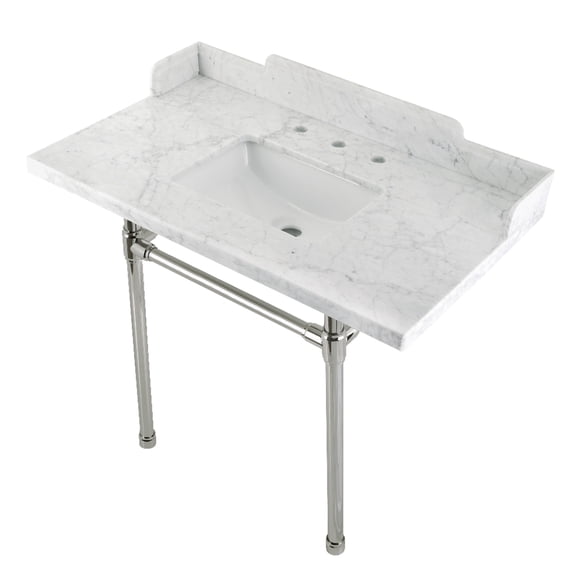 Kingston Brass LMS36M8SQ6ST Dreyden 36" Carrara Marble Console Sink with Stainless Steel Legs (8-Inch, 3-Hole), Carrara Marble White/Polished Nickel