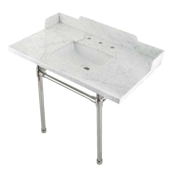 Kingston Brass LMS36M8SQ6ST Dreyden 36" Carrara Marble Console Sink with Stainless Steel Legs (8-Inch, 3-Hole), Carrara Marble White/Polished Nickel